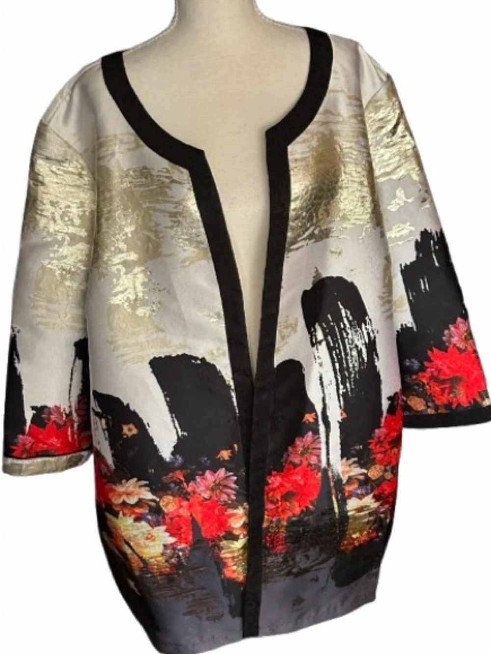 3X Metallic Gold BEREK Floral Art Jacket Designer Plus Size Coat Boho City